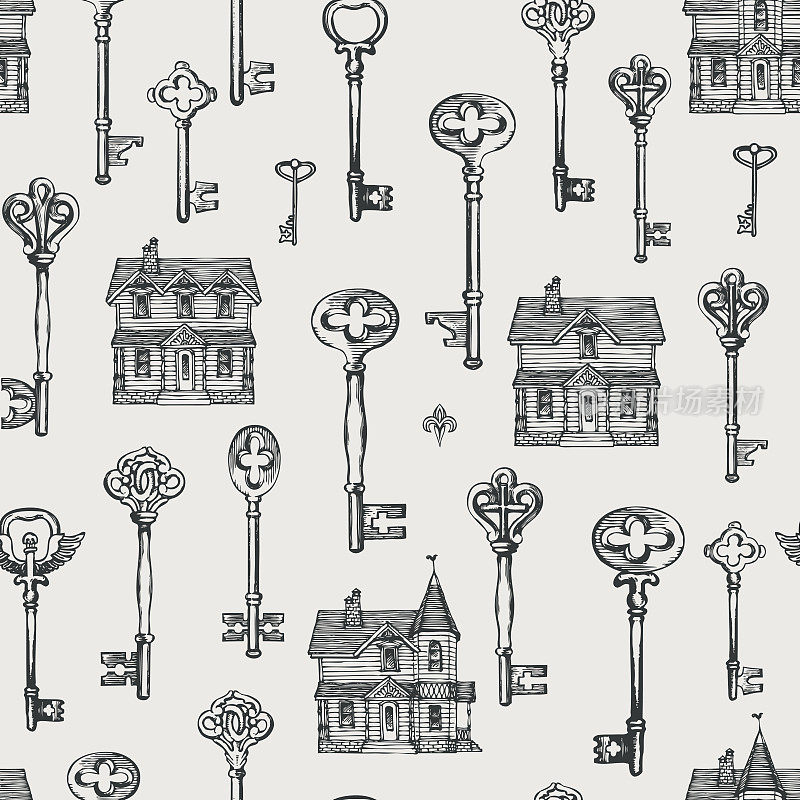 seamless pattern with vintage keys and old houses